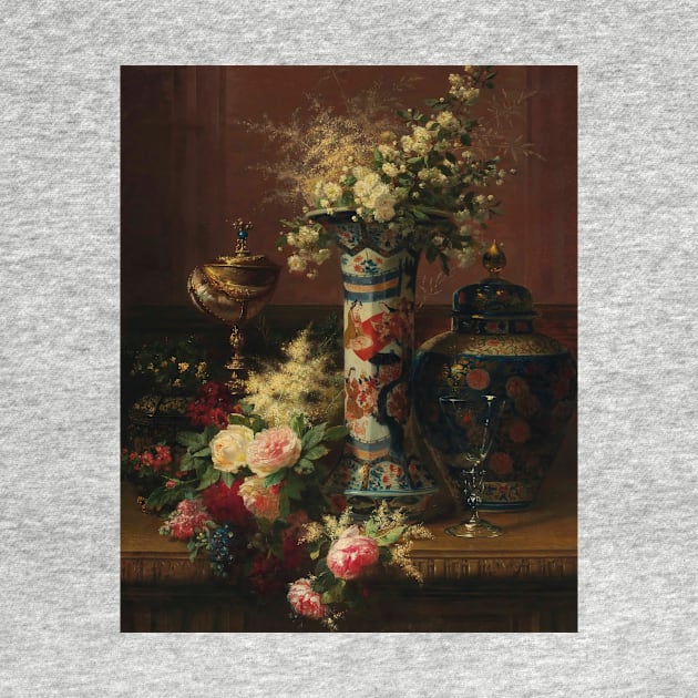 Roses, Peonies and Forget-me-nots in a Japanese Vase by Jean-Baptiste Robie by Classic Art Stall